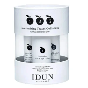 Idun Minerals Moisturizing Cleansing Face & Eye Lotion 3 X 1Oz- Serum 0.5Oz-Day Cream 0.5Oz  Travel Collection Kit (Womens)