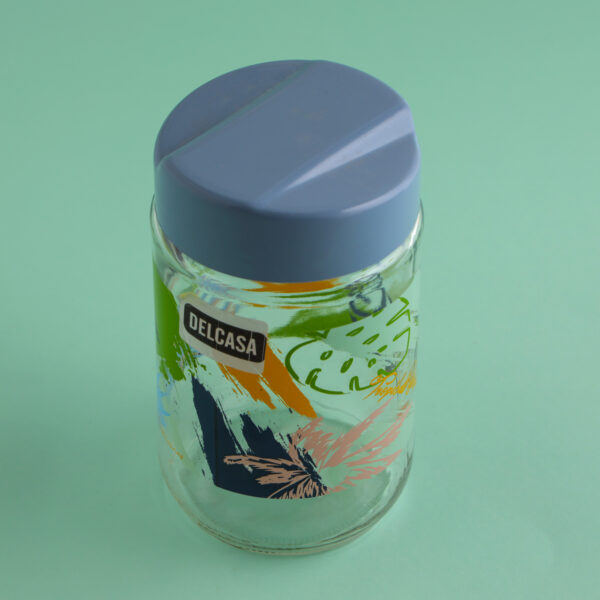 Aqua Decorated Glass Jar, 660ml Container with Lid, DC2594