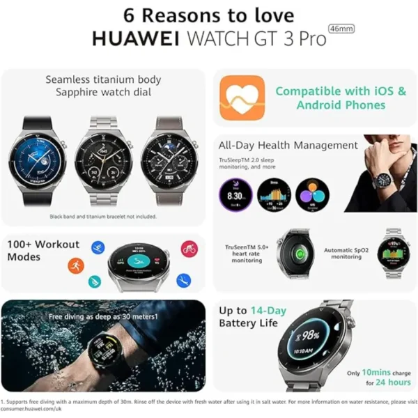 HUAWEI WATCH GT 3 Pro Smartwatch, Durable Battery Life, Wireless Fast Charging, Bluetooth calls, Gray